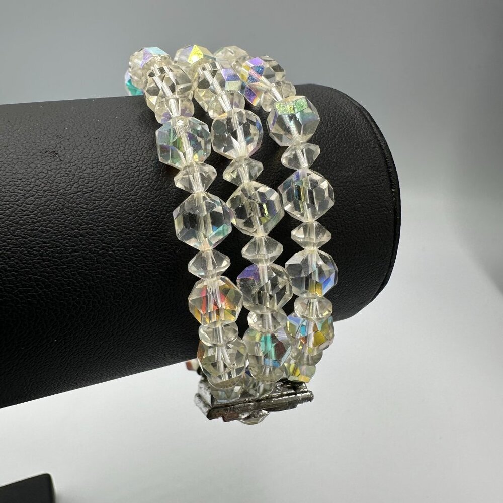 Vintage Aurora Borealis Glass Bracelet Multi Strand Clear Crystal Beads Art Deco - Picture 3 of 12
